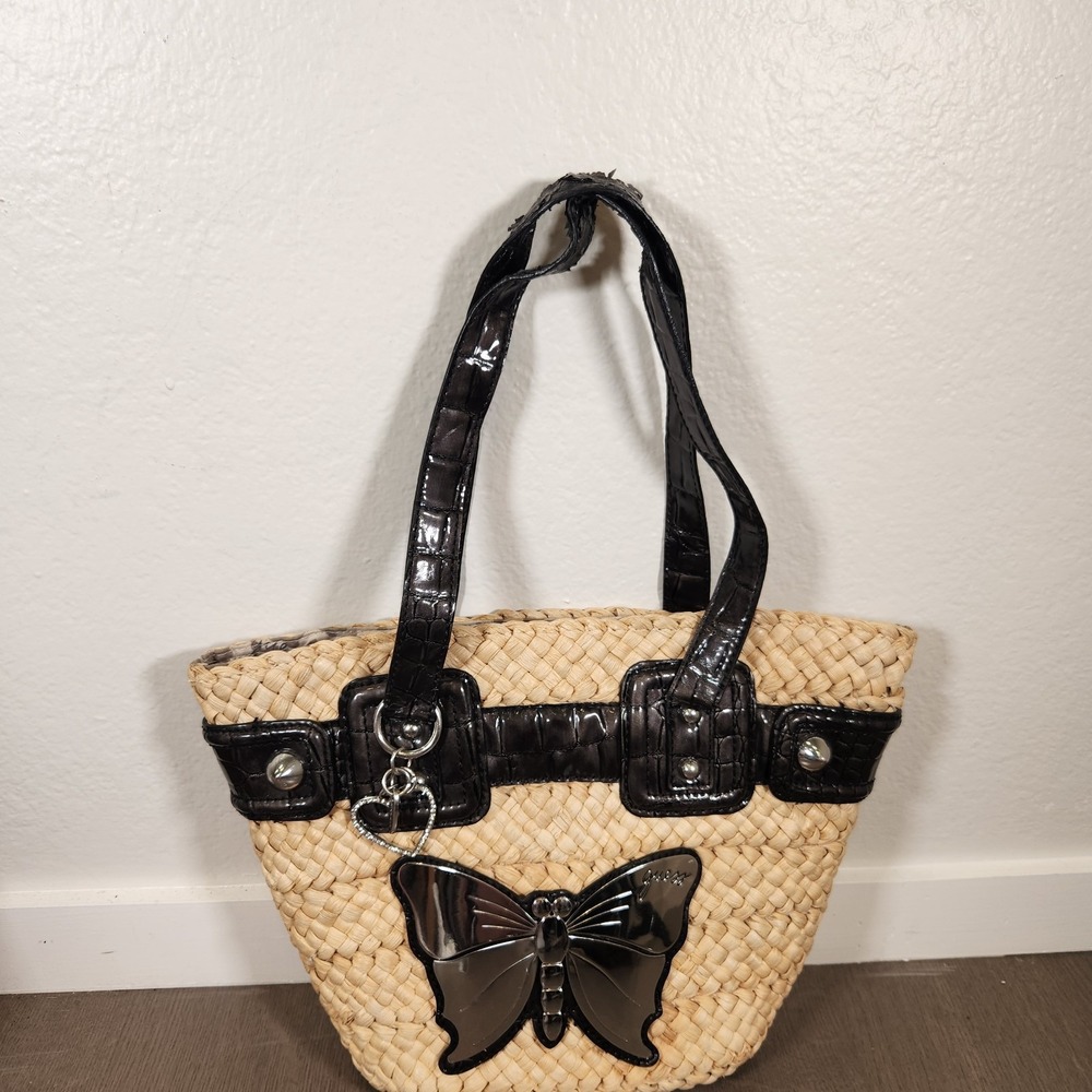Guess Straw Tote Lined Bag Butterfly Black Patent Trim Heart Charm